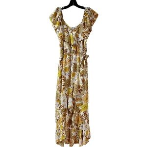 Flowy Tiered Floral Whimsy Hint of BLUSH Maxi Dress Small Yellow Ruffle Cruise